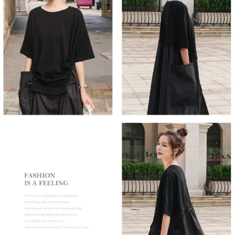 ワンピース レディース ロング丈 ウエストギャザー シンプル モード