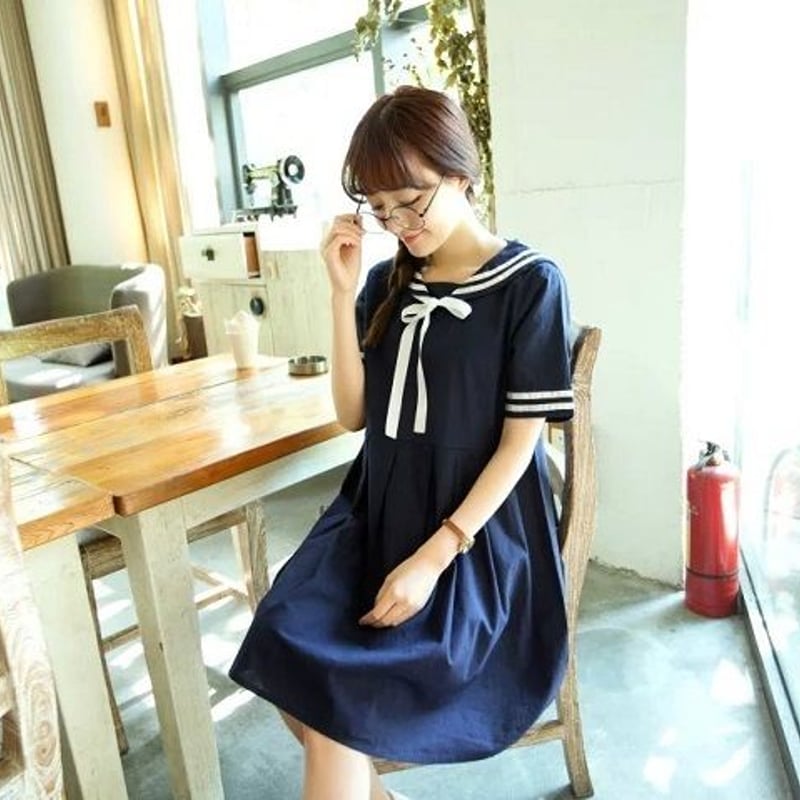 ワンピース チュニック ひざ丈 半袖 レトロ レトロ感 セーラー服