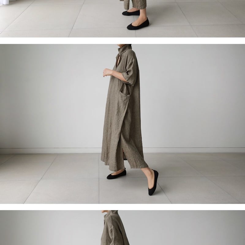 綿麻 涼し気五分袖 ミモレ丈 レディース ワンピース 麻 麻混