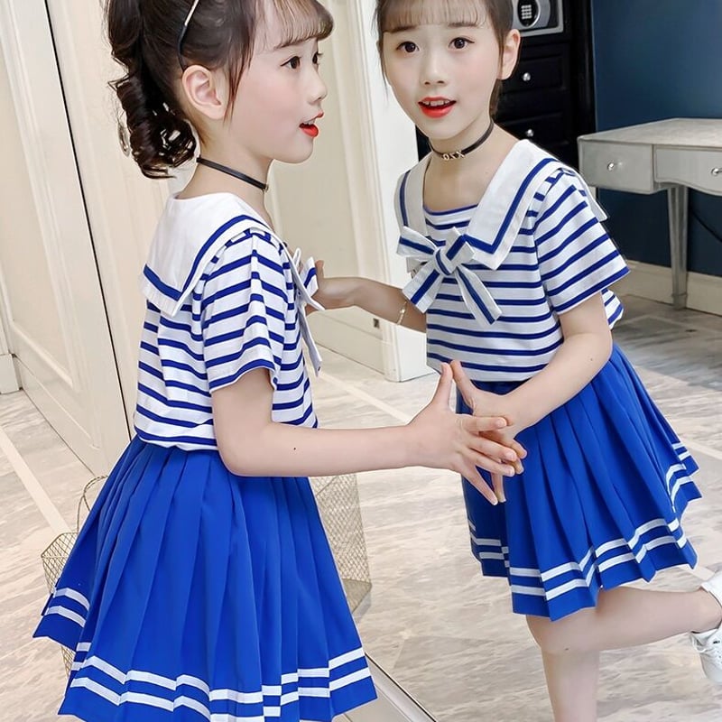 韓国子供服♡ 2点セット 半袖セーラーカラートップス＋プリーツ  