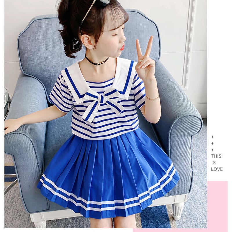 韓国子供服♡ 2点セット 半袖セーラーカラートップス＋プリーツ