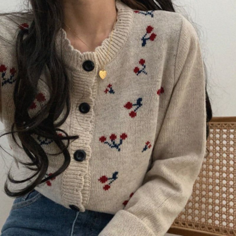 KANEKOISAO チェリーモチーフニットカーディガン トップス カーディガン レディース 韓国ファッション さくらんぼ