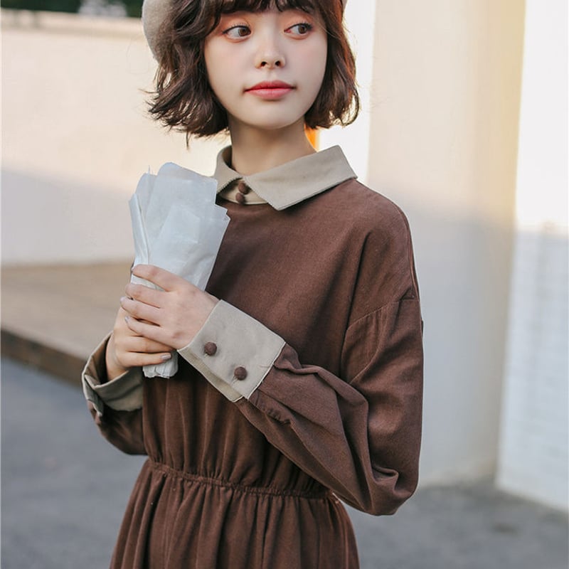 プチプラ 長袖 ひざ丈 ドルマンゆったりレトロワンピース フレア