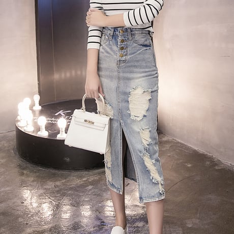 スカート ボトムス デニム スカート ロング丈 ミモレ丈 スリット ダメージ カジュアル 大人 かわいい 大きいサイズ 小さいサイズ 人気 春 夏 秋 冬 送料無料 TAGX12070