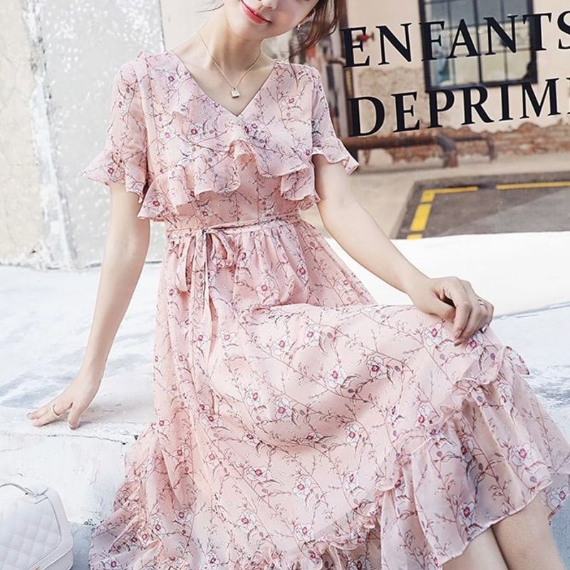 フリル袖 ピンク ひざ丈ワンピース ピンク 半袖 ひざ丈ワンピース