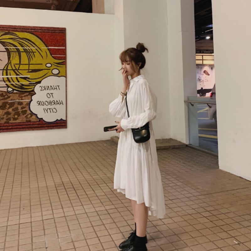 ワンピース レディース シャツ ワンピ アシンメトリー ボリューム袖