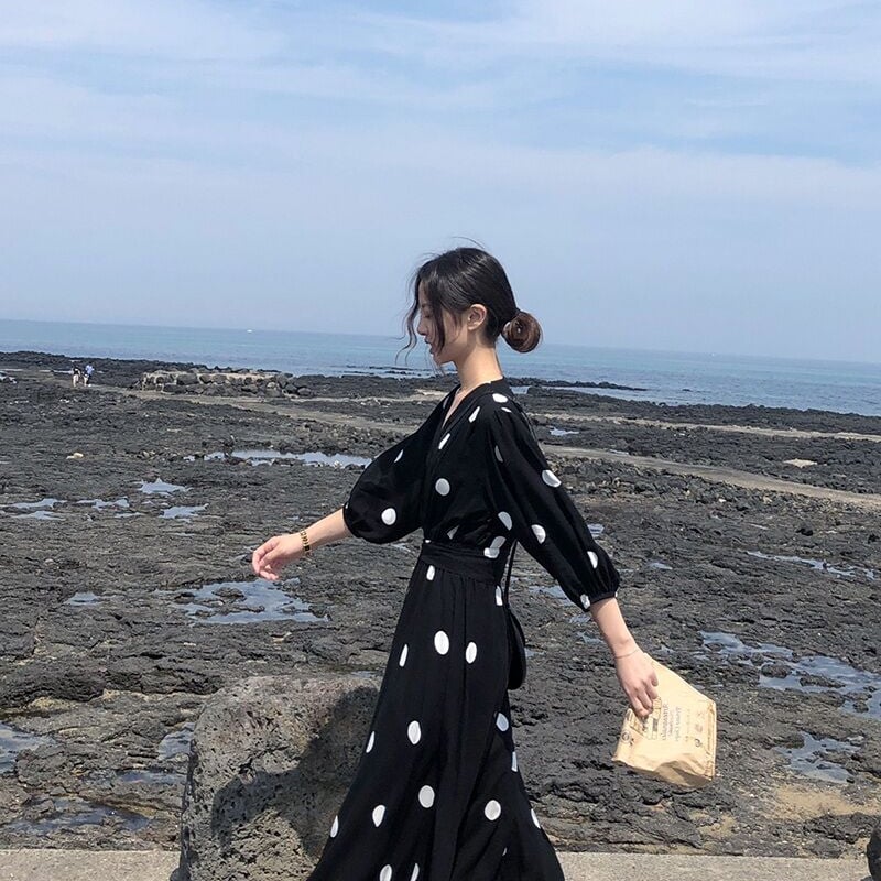 【M'SGRACY】新品タグ付き ドット柄シフォンロングワンピース 38ネイビー SHEIN ロングワンピース ドット柄ブラック - メルカリ