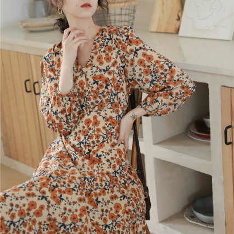 春コーデ♡レディース ワンピース 花柄 レトロ調 10分袖 Aライン 春コーデ♡レディース ワンピース 花柄 レトロ調 10分袖 Aライン