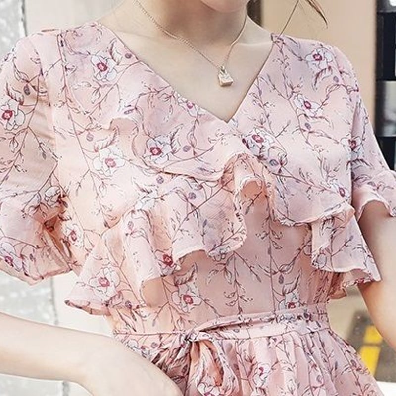 ワンピース ひざ丈 半袖 春 夏 花柄 シフォン ひざ丈ワンピース ワンピース ひざ丈 半袖 春 夏 花柄 シフォン ひざ丈ワンピース