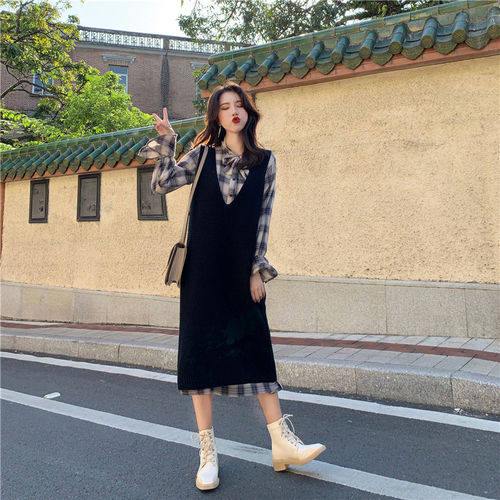 ワンピース ニット ポンチョ カジュアル 重ね着 ツーピース 韓国 韓国レディース セットアップ ニットワンピース+シャツ