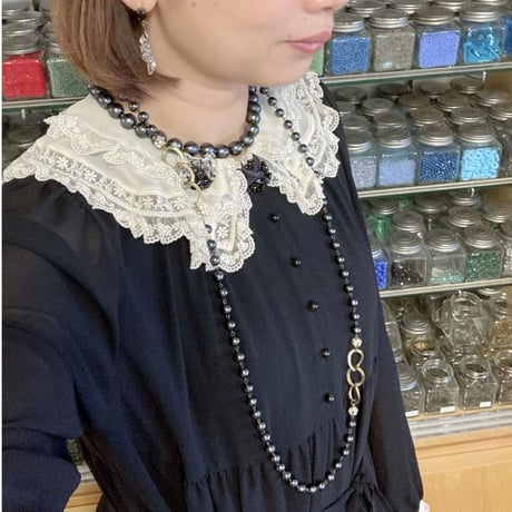 〖NECKLACE〗コットンパールキラキラロングネックレス　ブラック