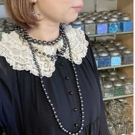 〖NECKLACE〗コットンパールキラキラロングネックレス　ブラック