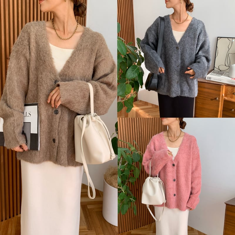 Vネックモヘアタッチニットカーディガン | BLATE