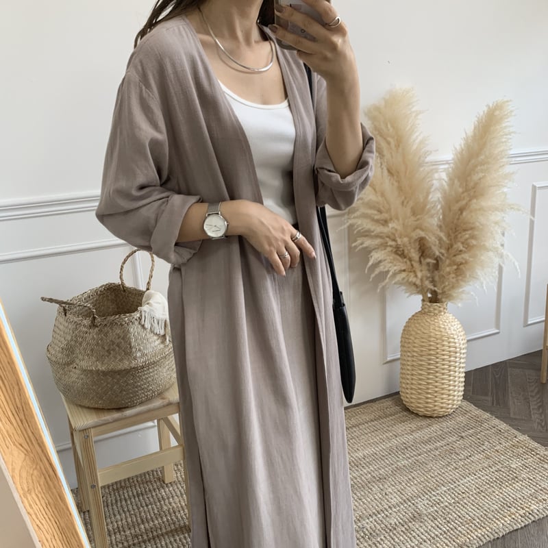 オリジナルリネンノーカラーロングガウン 【スモークモカ】 | BLATE
