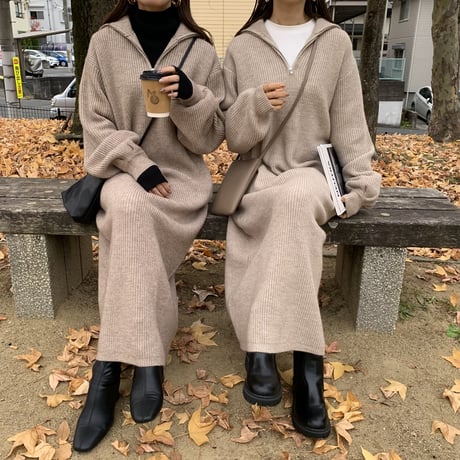 メランジハーフジップニットロングワンピース