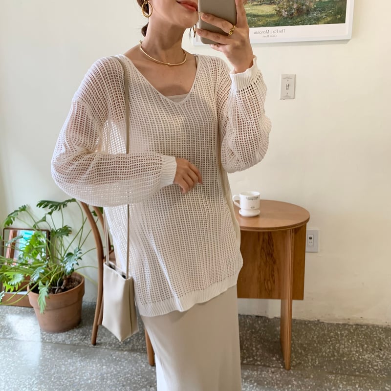 minmiアナイ、メッシュVネック半袖ニット Vネックメッシュニット | BLATE