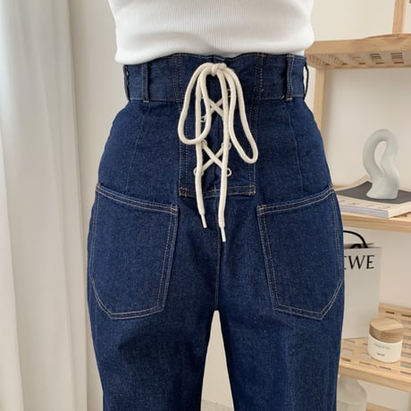 バックリボンハイウエストワイドデニムパンツ
