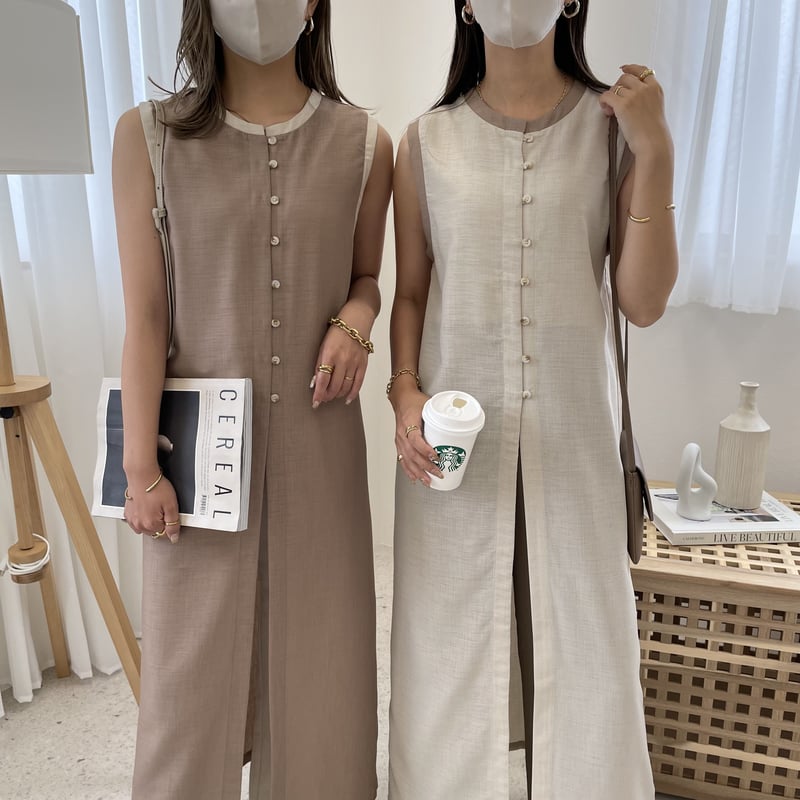 NOMA t.d. パイピング ワンピース グレー グリーン リブ グリーン パークス Green Parks 前後2WAYサテンキャミワンピース
