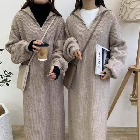 メランジハーフジップニットロングワンピース