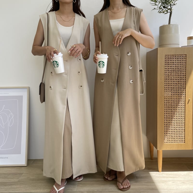 Drawer ケヌキノーカラーロングジレコート　キャメル　 ウエストベルト付き Drawer ケヌキノーカラーロングジレコート キャメル ウエストベルト