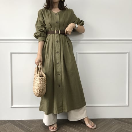 フロントボタンリネンガウンワンピース