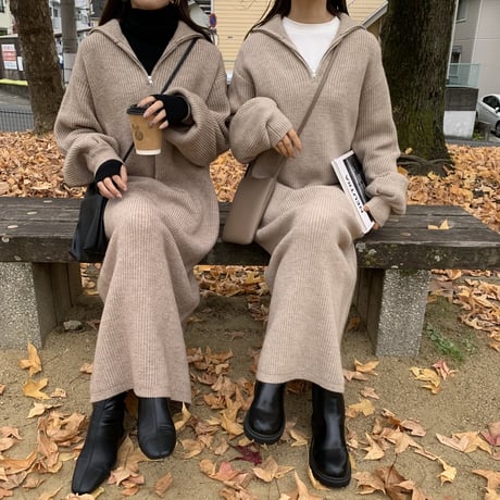 メランジハーフジップニットロングワンピース