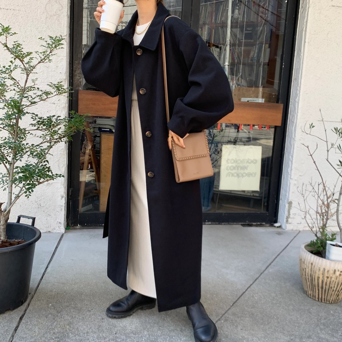 ドゥロワー ウール 清楚 ダブル ステンカラーコート ブラック 38