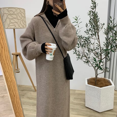 メランジハーフジップニットロングワンピース