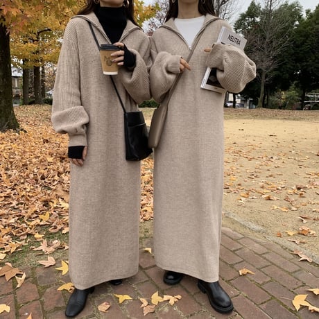 メランジハーフジップニットロングワンピース