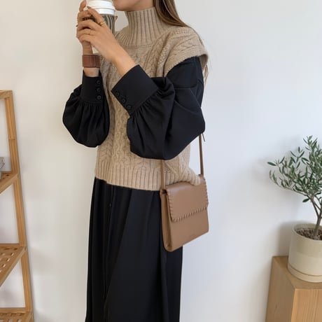 2wayボリュームスリーブドローコードとろみシャツワンピース　ブラック