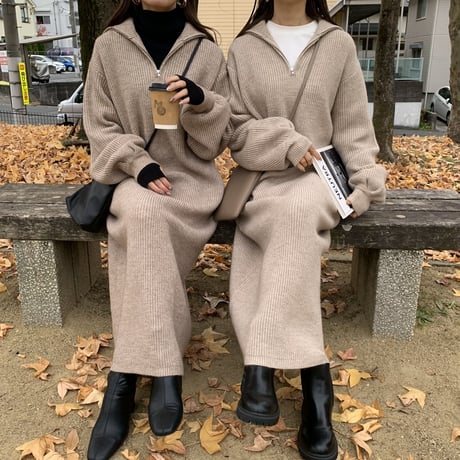 メランジハーフジップニットロングワンピース