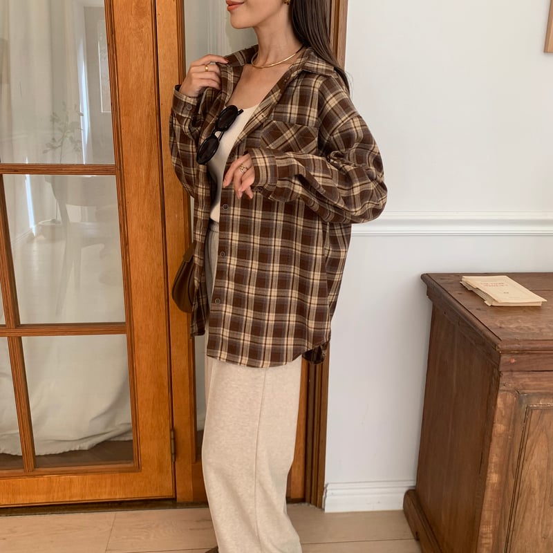 blate チェックニュアンスシャツコート 10/20入荷商品・ニュアンスブラウンチェックシャツ | BLATE