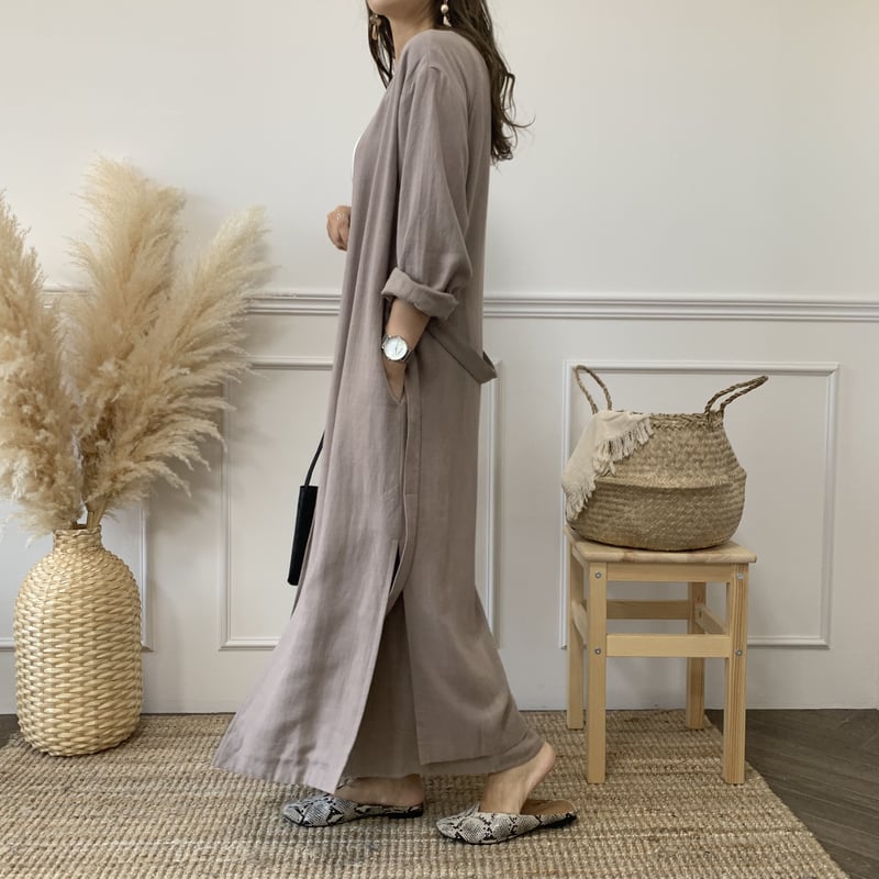 オリジナルリネンノーカラーロングガウン 【スモークモカ】 | BLATE