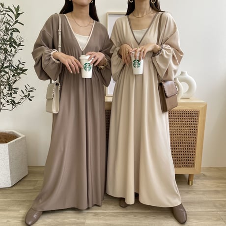 2wayたぽ袖パイピングフレアワンピース