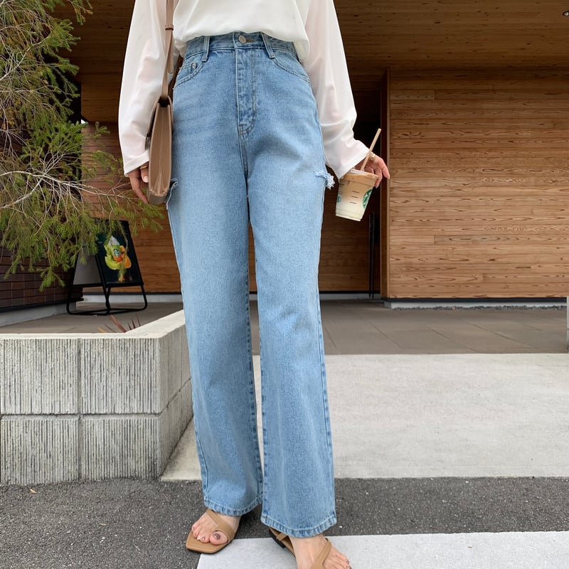 新品 ❤︎ スリット入 ＆ スリット部ストーン付 デニム パンツ ジーンズ デニム デニムパンツ サイドスリットデニムパンツ