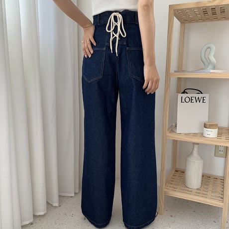 バックリボンハイウエストワイドデニムパンツ