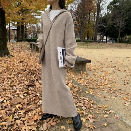 メランジハーフジップニットロングワンピース