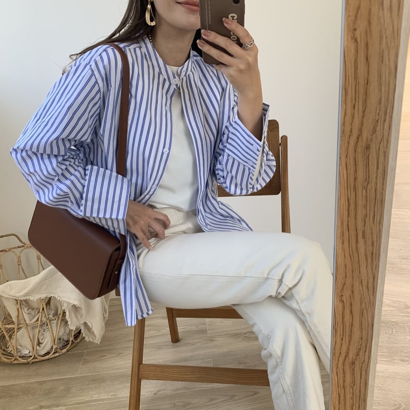 YLEVE スタンドカラーシャツ ストライプ 5 YLEVE スタンドカラーシャツ ストライプ 5 トップス