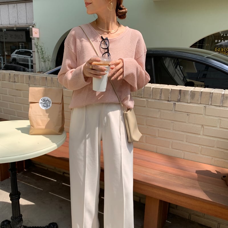 アイボリー・ピンク メッシュ編みニット 半袖 サマーピンクメッシュニット | BLATE