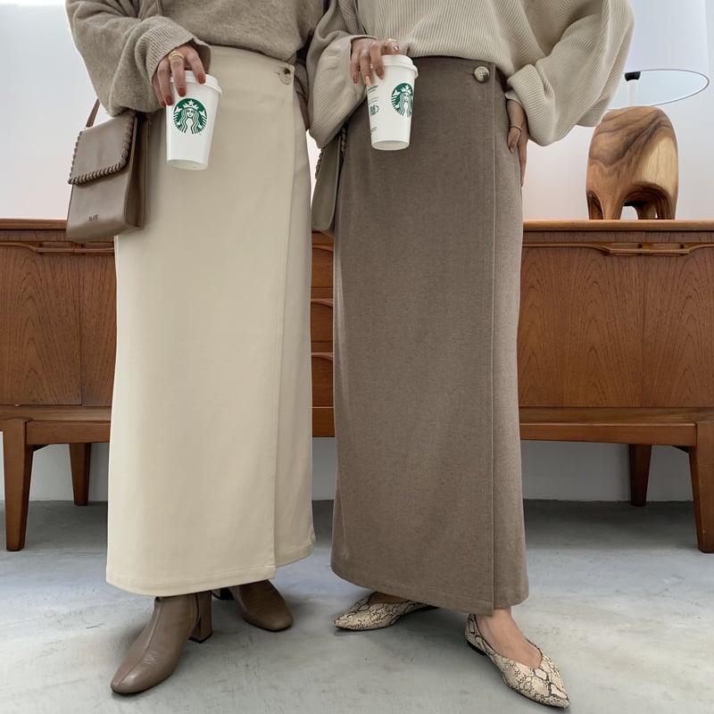 新品タグ付き✨フェラガモ　ラップスカート　ウエスト　ジップ　ゴールド　キャメル 2wayフェイクウールラップタイトスカート | BLATE