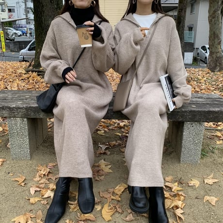 メランジハーフジップニットロングワンピース