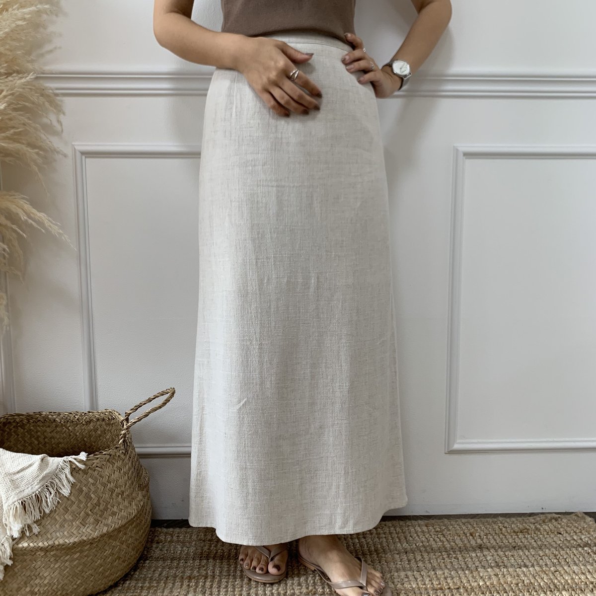 ブラミンク コットンリネンポリウレタンラミネートタイトスカート