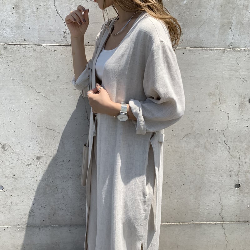 リネンノーカラーロングガウン | BLATE