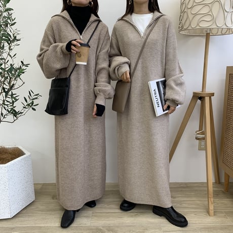 メランジハーフジップニットロングワンピース