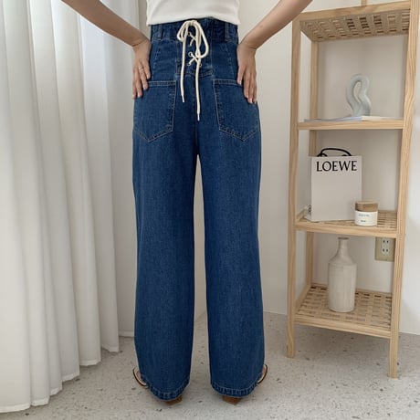 バックリボンハイウエストワイドデニムパンツ