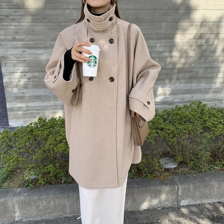 フェイクウールスタンドカラーポンチョコート