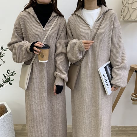 メランジハーフジップニットロングワンピース