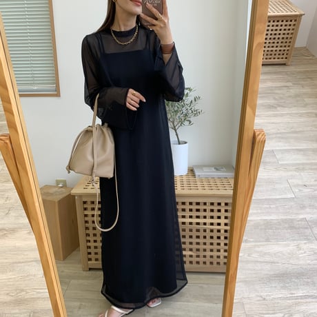 袖フレアメッシュロングワンピース