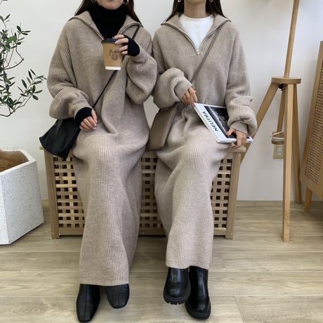 メランジハーフジップニットロングワンピース