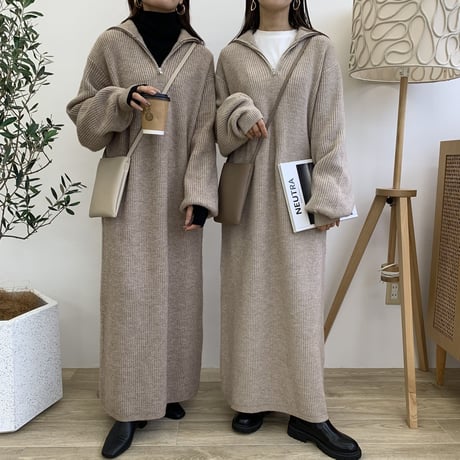メランジハーフジップニットロングワンピース